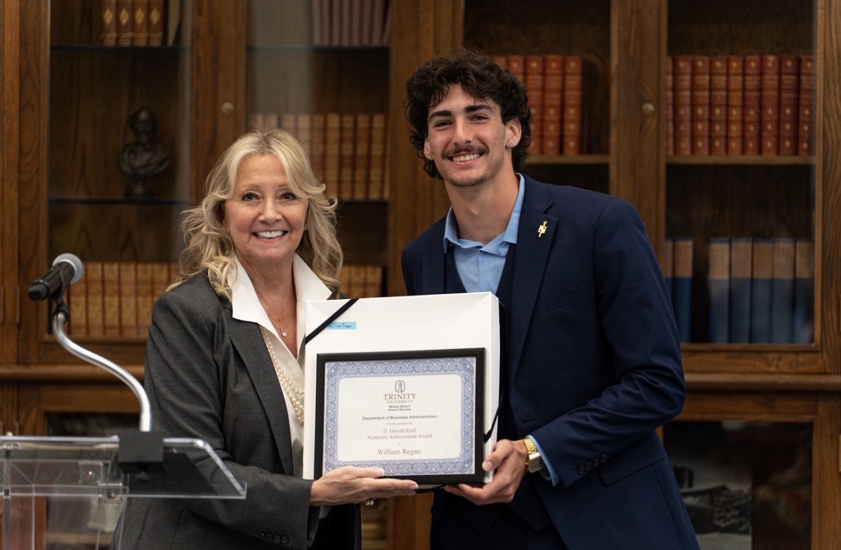 William Regan receiving the D. Harold Byrd Academic Achievement Award at Trinity University